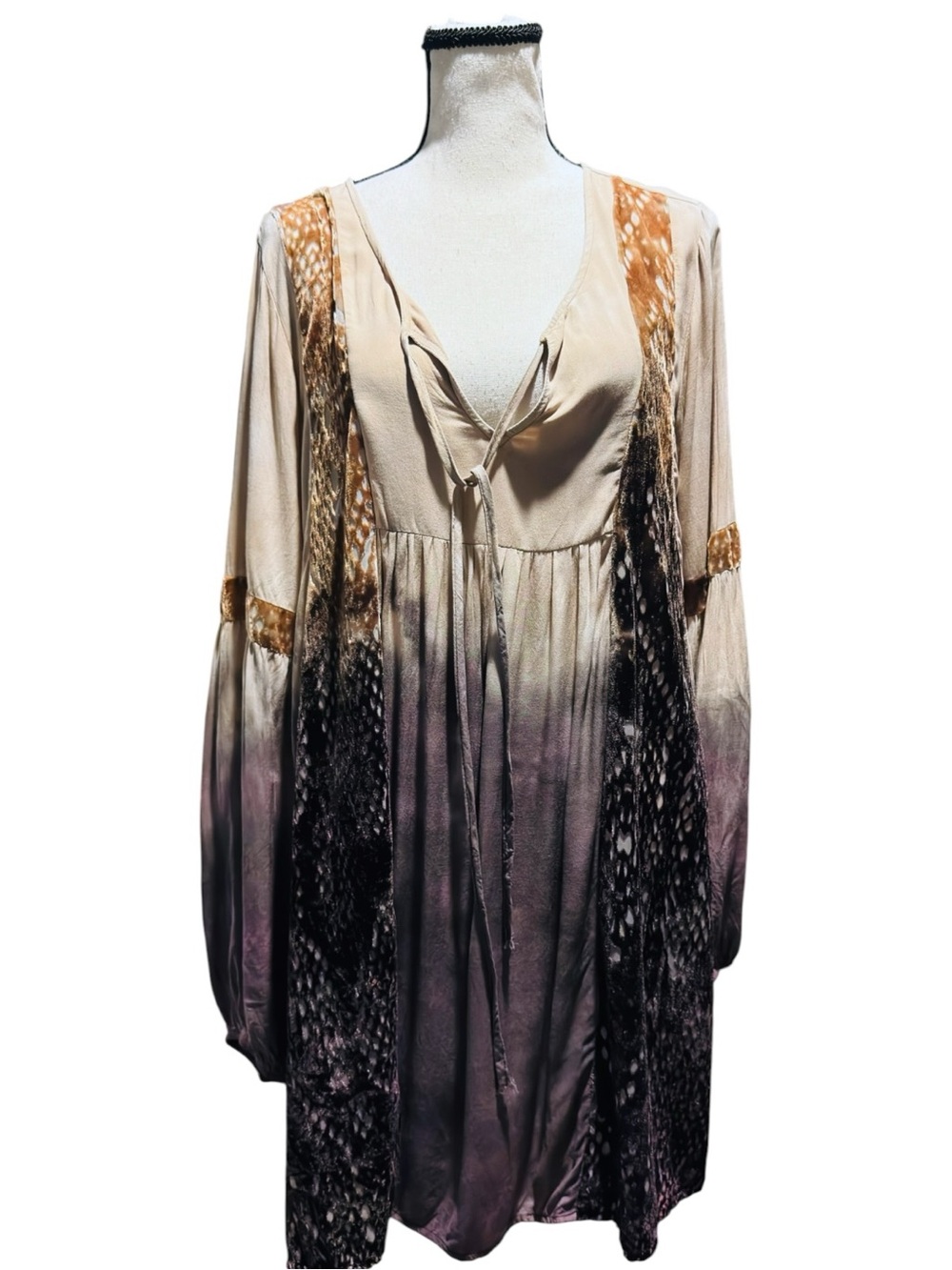 Boho Tie-Front‎ Tunic Dress in Cream, Brown & Purple - Picture 3 of 8